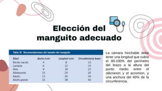 Elección del
manguito adecuado
La cámara hinchable debe
tener una longitud que cubra
el 80-100% del perímetro
del brazo a la altura del
punto medio entre el
olécranon y el acromion, y
una anchura del 40% de la
circunferencia.
 