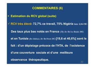COMMENTAIRES (6)

Estimation du RCV global (suite)

RCV très élevé: 72,7% ce travail, 75% Nigéria (karaye. Nig Med J 2007).

Des taux plus bas notés en France (Tilly. Rev Med Ass Maladie 2003)

et en Tunisie (Ben Abdelaziz. Rev Med Orient 2007) [19,6 et 40,6%] sont le

fait : d’un dépistage précoce de l’HTA, de l’existence

d’une couverture sociale et d’une meilleure

observance thérapeutique.
                                                                    20
 