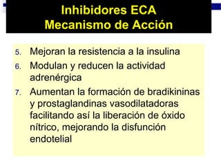 Inhibidores ECA
        Mecanismo de Acción

5.   Mejoran la resistencia a la insulina
6.   Modulan y reducen la actividad
     adrenérgica
7.   Aumentan la formación de bradikininas
     y prostaglandinas vasodilatadoras
     facilitando así la liberación de óxido
     nítrico, mejorando la disfunción
     endotelial
 