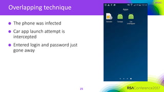 #RSAC
Overlapping technique
25
The phone was infected
Car app launch attempt is
intercepted
Entered login and password just
gone away
 