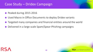 #RSAC
Case Study – Dridex Campaign
10
Peaked during 2015-2016
Used Macro in Office Documents to deploy Dridex variants
Targeted many companies and financial entities around the world
Delivered in a large scale Spam/Spear-Phishing campaigns
 