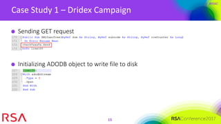 #RSAC
Case Study 1 – Dridex Campaign
15
Sending GET request
Initializing ADODB object to write file to disk
 