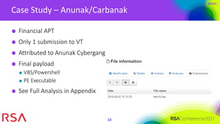 #RSAC
Case Study – Anunak/Carbanak
18
Financial APT
Only 1 submission to VT
Attributed to Anunak Cybergang
Final payload
VBS/Powershell
PE Executable
See Full Analysis in Appendix
 