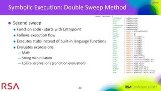 #RSAC
Symbolic Execution: Double Sweep Method
22
Second sweep
Function code - starts with Entrypoint
Follows execution flow
Executes stubs instead of built-in language functions
Evaluates expressions
— Math
— String manipulation
— Logical expressions (condition evaluation)
 