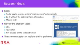 #RSAC
Research Goals
3
Goals
Find a way to assess a script’s “maliciousness” automatically
Do it without the potential har...