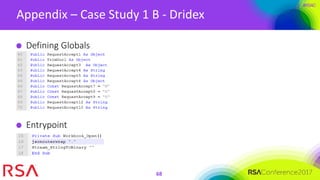 #RSAC
Appendix – Case Study 1 B - Dridex
68
Defining Globals
Entrypoint
 