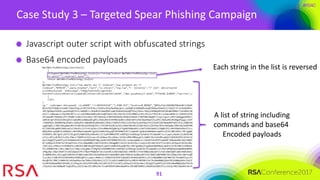 #RSAC
Case Study 3 – Targeted Spear Phishing Campaign
91
Javascript outer script with obfuscated strings
Base64 encoded payloads
Each string in the list is reversed
A list of string including
commands and base64
Encoded payloads
 