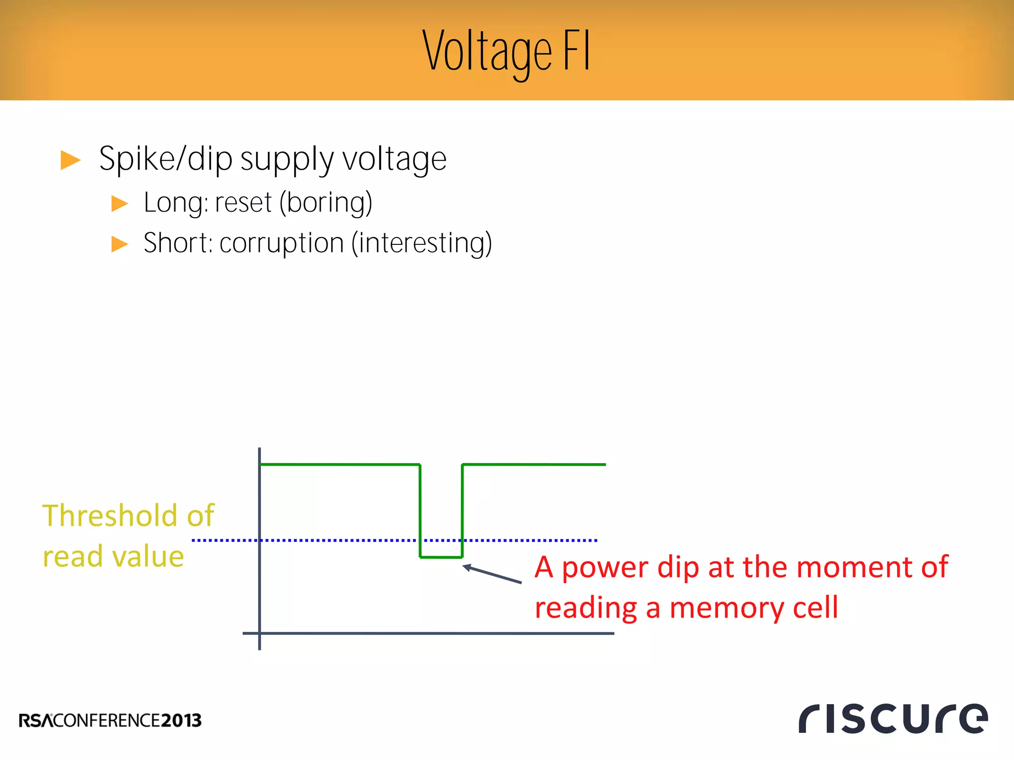 ► Spike/dip supply voltage
► Long: reset (boring)
► Short: corruption (interesting)
Voltage FI
Threshold of
read value A power dip at the moment of
reading a memory cell
 