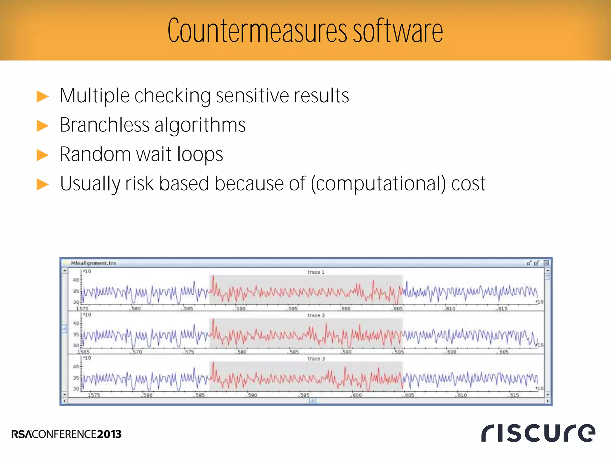 ► Multiple checking sensitive results
► Branchless algorithms
► Random wait loops
► Usually risk based because of (computational) cost
Countermeasuressoftware
 