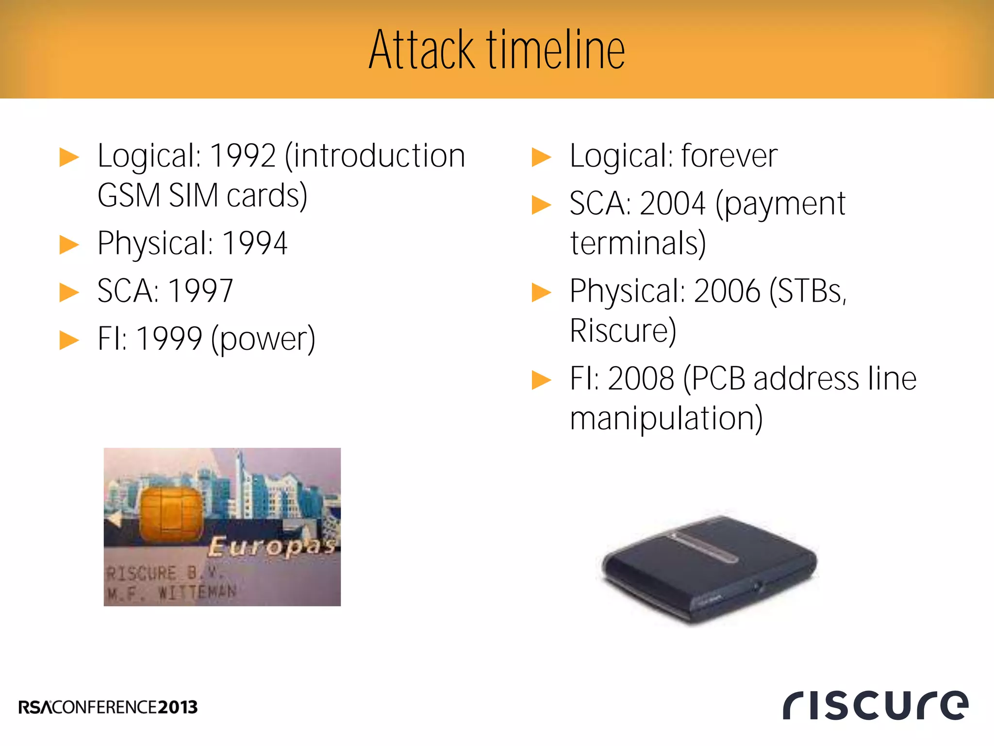► Logical: 1992 (introduction
GSM SIM cards)
► Physical: 1994
► SCA: 1997
► FI: 1999 (power)
Attack timeline
► Logical: forever
► SCA: 2004 (payment
terminals)
► Physical: 2006 (STBs,
Riscure)
► FI: 2008 (PCB address line
manipulation)
 