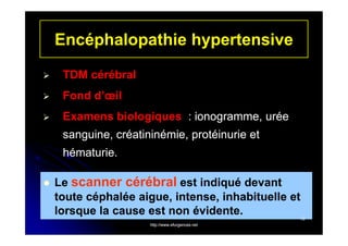 Encéphalopathie hypertensive


TDM cérébral



Fond d’œil



Examens biologiques : ionogramme, urée
sanguine, créatininémie, protéinurie et
hématurie.



Le scanner cérébral est indiqué devant
toute céphalée aigue, intense, inhabituelle et
lorsque la cause est non évidente.
13
http://www.efurgences.net

 