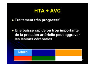 HTA + AVC


Traitement très progressif



Une baisse rapide ou trop importante
de la pression artérielle peut aggraver
les lésions cérébrales

Loxen
http://www.efurgences.net

20

 