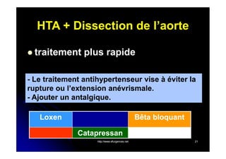 HTA + Dissection de l’aorte
 traitement

plus rapide

- Le traitement antihypertenseur vise à éviter la
rupture ou l’extension anévrismale.
- Ajouter un antalgique.
Loxen

Bêta bloquant
Catapressan
http://www.efurgences.net

21

 