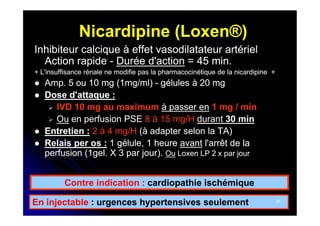Nicardipine (Loxen®)
Inhibiteur calcique à effet vasodilatateur artériel
Action rapide - Durée d'action = 45 min.
+ L'insuffisance rénale ne modifie pas la pharmacocinétique de la nicardipine +






Amp. 5 ou 10 mg (1mg/ml) - gélules à 20 mg
Amp.
Dose d'attaque :
 IVD 10 mg au maximum à passer en 1 mg / min
 Ou en perfusion PSE 8 à 15 mg/H durant 30 min
Entretien : 2 à 4 mg/H (à adapter selon la TA)
Relais per os : 1 gélule, 1 heure avant l'arrêt de la
perfusion (1gel. X 3 par jour). Ou Loxen LP 2 x par jour
Contre indication : cardiopathie ischémique

En injectable : urgences hypertensives seulement

25

 