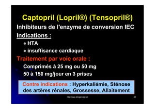 Captopril (Lopril®) (Tensopril®)
Inhibiteurs de l'enzyme de conversion IEC
Indications :
HTA
 insuffisance cardiaque


Traitement par voie orale :
Comprimés à 25 mg ou 50 mg
50 à 150 mg/jour en 3 prises
Contre indications : Hyperkaliémie, Sténose
des artères rénales, Grossesse, Allaitement
http://www.efurgences.net

28

 