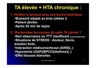 TA élevée + HTA chronique :
1. Vérifiez la tension avec une bonne technique
•Brassard adapté au bras (obèse !)
•Patient dévêtu
•Après 20 min de repos
2. Recherchez les causes de cette TA élevée ?
•Non observance ou TTT insuffisant (cause fréquente)
•Situations de STRESS : douleur, fièvre,
émotion forte,
•Interaction médicamenteuse (AINS)(..)
•Hypoxémie (OAP)(BPCO)(Asthme)(..)
•Effet blouses blanches
http://www.efurgences.net

4

 