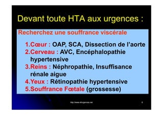 Devant toute HTA aux urgences :
Recherchez une souffrance viscérale
1.Cœur : OAP, SCA, Dissection de l’aorte
2.Cerveau : AVC, Encéphalopathie
hypertensive
3.Reins : Néphropathie, Insuffisance
rénale aigue
4.Yeux : Rétinopathie hypertensive
5.Souffrance Fœtale (grossesse)
http://www.efurgences.net

6

 