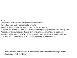 Notas:
Dislipidemia no tratada causa aterosclerosis sistémica.
Aumenta riesgo cardiovascular notoriamente
Vigilancia de la circunferencia de cintura y el depósito graso.
Mantener los niveles de colesterol total en niveles óptimos para evitar depósitos grasos.
Placa ateromatosa, riesgo de desprendimiento, ensanchamiento de la luz arterial
-Estatinas son POCO UTILIZADAS, etapa subclínica y clínica pasan desapercibidas o son
Opacadas por otras enfermedades “más importantes” para el médico.




    Jones, P. (2006). Dyslipidemia in older adults. The American Journal Of Geriatric
    Cardiology, 15(4), 239-244.
 