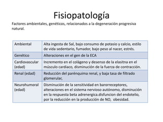 Fisiopatología
Factores ambientales, genéticos, relacionados a la degeneración progresiva
natural.


 Ambiental        Alta ingesta de Sal, bajo consumo de potasio y calcio, estilo
                  de vida sedentario, fumador, bajo peso al nacer, estrés.
 Genético         Alteraciones en el gen de la ECA
 Cardiovascular   Incremento en el colágeno y desenso de la elasitna en el
 (edad)           músculo cardiaco, disminución de la fuerza de contracción.
 Renal (edad)     Reducción del parénquima renal, y baja tasa de filtrado
                  glomerular,
 Neurohumoral     Disminución de la sensitividad en barorreceptores,
 (edad)           alteraciones en el sistema nervioso autónomo, disminución
                  en la respuesta beta adrenergica.disfuncion del endotelio,
                  por la reducción en la producción de NO, obesidad.
 