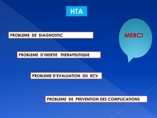 HTA
PROBLEME DE DIAGNOSTIC
PROBLEME D’INERTIE THERAPEUTIQUE
PROBLEME D’EVALUATION DU RCV
PROBLEME DE PREVENTION DES COMPLICATIONS
MERCI
 