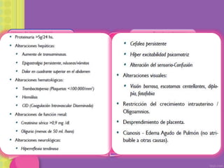 •Desorden multisistémico
•Se manifiesta a partir de las
20 semanas
•TA iguales o mayores a
140/90 mm Hg asociado a la
presencia de Proteinuria.
•Valores de tensión arterial
igual o mayores a 140/90
mm Hg en dos tomas
separadas por 6 hs.,
descubierta por primera vez
después de las 20 semanas
de gestación
•Dx Confirmación: TA
retorna a valores normales
dentro de las 12 semanas
del postparto
1.
HIPERTENSIÓN
GESTACIONAL
2.
PREECLAMPSIA
PreeclampsiaLeve:
Detección de valores
de tensión arterial
iguales o mayores a
140/90 mm Hg, en
dos ocasiones
separadas por al
menos cuatro horas,
con proteinuria igual
o superior a 300 mg
/24 hs. PreeclampsiaGrave:
Detección de cifras
tensionales iguales o
mayores a 160/110
mm Hg o aun con
valores tensionales
menores, pero
asociados a uno o
más de los
siguientes eventos
clínicos o de
laboratorio
(indicativos de daño
endotelial en órgano
blanco):
 