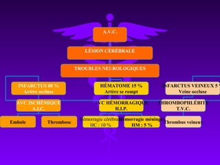 A.V.C.
LÉSION CÉRÉBRALE
TROUBLES NEUROLOGIQUES
INFARCTUS 80 %
Artère occluse
HÉMATOME 15 %
Artère se rompt
INFARCTUS VEINEUX 5 %
Veine occluse
AVC ISCHÉMIQUE
A.I.C.
AVC HÉMORRAGIQUE
H.I.P.
THROMBOPHLÉBITE
T.V.C.
Embole Thrombose
Hémorragie cérébrale
HC : 10 %
Hémorragie méningée
HM : 5 %
Thrombus veineux
 