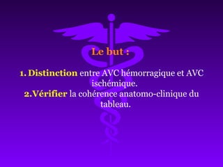 Le but :
1.Distinction entre AVC hémorragique et AVC
ischémique.
2.Vérifier la cohérence anatomo-clinique du
tableau.
 
