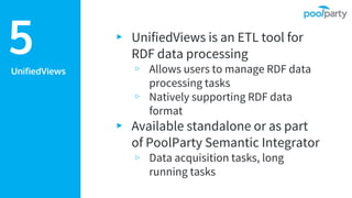 UnifiedViews
▸ UnifiedViews is an ETL tool for
RDF data processing
▹ Allows users to manage RDF data
processing tasks
▹ Natively supporting RDF data
format
▸ Available standalone or as part
of PoolParty Semantic Integrator
▹ Data acquisition tasks, long
running tasks
5
 