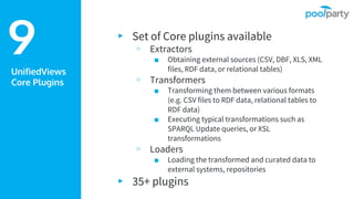 UnifiedViews
Core Plugins
▸ Set of Core plugins available
▹ Extractors
■ Obtaining external sources (CSV, DBF, XLS, XML
files, RDF data, or relational tables)
▹ Transformers
■ Transforming them between various formats
(e.g. CSV files to RDF data, relational tables to
RDF data)
■ Executing typical transformations such as
SPARQL Update queries, or XSL
transformations
▹ Loaders
■ Loading the transformed and curated data to
external systems, repositories
▸ 35+ plugins
9
 