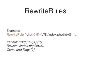 RewriteRules
Example: 
RewriteRule ^dir/([0-9]+)/?$ /index.php?id=$1 [L]
Pattern: ^dir/([0-9]+) /?$ 
Rewrite: /index.php?id=$1 
Command Flag: [L]
 