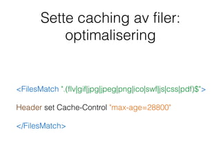 Sette caching av filer:
optimalisering
<FilesMatch ".(flv|gif|jpg|jpeg|png|ico|swf|js|css|pdf)$">
Header set Cache-Control "max-age=28800"
</FilesMatch>
 