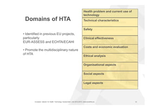 European network for Health Technology Assessment | JA2 2012-2015 | www.eunethta.eu
Health problem and current use of
technology
Technical characteristics
Ethical analysis
Organisational aspects
Legal aspects
Clinical effectiveness
Costs and economic evaluation
Safety
Domains of HTA
• Identified in previous EU projects,
particularly
EUR-ASSESS and ECHTA/ECAHI
• Promote the multidisciplinary nature
of HTA
Social aspects
10
 