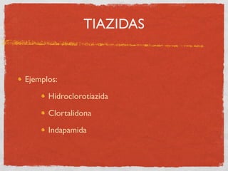 TIAZIDAS


Ejemplos:

      Hidroclorotiazida

      Clortalidona

      Indapamida
 