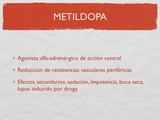 CLONIDINA



Mecanismo de acción, efectos antihipertensivos y
efectos secundarios similares a la metildopa

NO tiene efect...