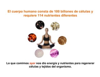 El cuerpo humano consta de 100 billones de células y
requiere 114 nutrientes diferentes
Lo que comimos ayer nos dio energía y nutrientes para regenerar
células y tejidos del organismo.
 