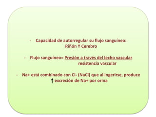 - Capacidad de autorregular su flujo sanguíneo:
Riñón Y Cerebro
- Flujo sanguíneo= Presión a través del lecho vascular
resistencia vascular
- Na+ está combinado con Cl- (NaCl) que al ingerirse, produce
excreción de Na+ por orina
 