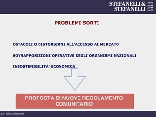 avv. Silvia Stefanelli
PROBLEMI SORTI
OSTACOLI O DISTORSIONI ALL’ACCESSO AL MERCATO
SOVRAPPOSIZIONI OPERATIVE DEGLI ORGANISMI NAZIONALI
INSOSTENIBILITA’ ECONOMICA
PROPOSTA DI NUOVE REGOLAMENTO
COMUNITARIO
 