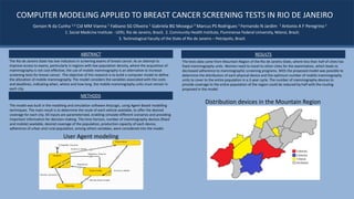 COMPUTER MODELING APPLIED TO BREAST CANCER SCREENING TESTS IN RIO DE JANEIRO
Gerson N da Cunha 1,3 Cid MM Vianna 1 Fabiano SG Oliveira 1 Gabriela BG Mosegui 2 Marcus PS Rodrigues 1 Fernando N Jardim 1 Antonio A F Peregrino 1
1. Social Medicine Institute - UERJ, Rio de Janeiro, Brazil; 2. Community Health Institute, Fluminense Federal University, Niteroi, Brazil;
3. Technological Faculty of the State of Rio de Janeiro – Petrópolis, Brazil.
ABSTRACT
The Rio de Janeiro State has low indicators in screening exams of breast cancer. As an attempt to
improve access to exams, particularly in regions with low population density, where the acquisition of
mammography is not cost-effective, the use of mobile mammography is an alternative to increase
screening tests for breast cancer. The objective of this research is to build a computer model to define
the allocation of mobile mammography. The model considers the variables associated with the costs
and deadlines, indicating when, where and how long, the mobile mammography units must remain in
each city.
METHODS
The model was built in the modeling and simulation software AnyLogic, using Agent-Based modelling
techniques. The main result is to determine the route of each vehicle available, to offer the desired
coverage for each city. All inputs are parameterized, enabling simulate different scenarios and providing
important information for decision-making. The time horizon, number of mammography devices (fixed
and mobile) available, desired coverage of the population, production capacity of each device,
adherence of urban and rural population, among others variables, were considered into the model.
User Agent modeling
RESULTS
The tests data came from Mountain Region of the Rio de Janeiro State, where less than half of cities has
fixed mammography units. Women need to travel to other cities for the examination, which leads to
decreased adherence to mammographic screening programs. With the proposed model was possible to
determine the distribution of each physical device and the optimum number of mobile mammography
units to cover to the entire population in a 2-year cycle. The number of mammography devices to
provide coverage to the entire population of the region could be reduced by half with the routing
proposed in the model.
Distribution devices in the Mountain Region
 