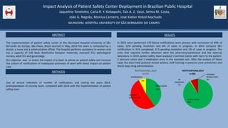 Impact Analysis of Patient Safety Center Deployment in Brazilian Public Hospital
Jaqueline Tonelotto, Carla R. Y. Kobayashi, Taís A. Z. Vassi, Selma M. Costa,
João G. Negrão, Monica Carneiro, José Kleber Kobol Machado
MUNICIPAL HOSPITAL UNIVERSITY OF SÃO BERNARDO DO CAMPO
ABSTRACT
The implementation of patient safety center at the Municipal Hospital University of São
Bernardo do Campo, São Paulo, Brazil ocurred in May, 2014.This team is composed by a
doctor, a nurse and a administrative officer. The hospital performs assistance to women and
has a capacity of 140 beds distributed between maternity, neonatal ICU, pathological
nursery, adult ICU and gynecology.
Our objectve was to assess the impact of a team to advise on patient safety and increase
the culture of notifications of inadequate processes of work with direct impact on patient
care.
METHODS
Use of annual indicators of number of notifications and solving the years 2013,
preimplantation of security team, compared with 2014 with the implementation of patient
safety team.
RESULTS
In 2013 were performed 170 failure notifications work process with conclusion of 40% of
cases, 52% pending resolution and 8% of cases in progress. In 2014 compute 581
notifications in 91% completed, 8 % pending resolution and 1% of cases in progress. The
units that required further attention were the pharmacy/warehouse and the external
laboratory. In 2014 patient safety team analyzed 3 sentinel events with harm to the patient:
2 pressure ulcers and 1 medication error in the neonatal unit. After the analysis of these
cases the team held protocol review actions, staff training in pressure ulcer prevention and
the10 steps drug administration.
IN
PROGRESS
1%
NOTIFICATIONS,2014
n=581 PENDING
RESOLUTION
8%
CONCLUSION
91%
CONCLUSION
INPROGRESS
PENDING
RESOLUTION
 