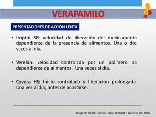 • Isoptin SR: velocidad de liberación del medicamento
dependiente de la presencia de alimentos. Una o dos
veces al día.
• Verelan: velocidad controlada por un polímero no
dependiente de alimentos. Una veces al día.
• Covera HS: Inicio controlado y liberación prolongada.
Una vez al día, antes de acostarse.
Drugs for Heart, Lionel H. Opie, Bernard J. Gersh. 6 ED. 2006.
PRESENTACIONES DE ACCIÓN LENTA
 