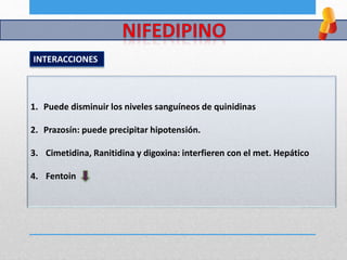 1. Puede disminuir los niveles sanguíneos de quinidinas
2. Prazosín: puede precipitar hipotensión.
3. Cimetidina, Ranitidina y digoxina: interfieren con el met. Hepático
4. Fentoin
INTERACCIONES
 