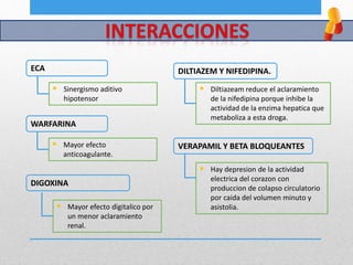 ECA
 Sinergismo aditivo
hipotensor
WARFARINA
 Mayor efecto
anticoagulante.
DILTIAZEM Y NIFEDIPINA.
 Diltiazeam reduce el aclaramiento
de la nifedipina porque inhibe la
actividad de la enzima hepatica que
metaboliza a esta droga.
 Mayor efecto digitalico por
un menor aclaramiento
renal.
DIGOXINA
 Hay depresion de la actividad
electrica del corazon con
produccion de colapso circulatorio
por caida del volumen minuto y
asistolia.
VERAPAMIL Y BETA BLOQUEANTES
 