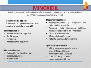 Medicamento más utilizado para el tratamiento crónico, es de particular utilidad
en el hipertenso con insuficiencia renal.
Mecanismo de acción:
Aumentar la permeabilidad del
canal de K modulado por ATP.
Efecto farmacológico:
• Hiperpolarización y relajación del
músculo liso arteriolar.
• Aumenta flujo sanguíneo cutáneo,
muscular esquelético TGI y corazón.
• Dilata arterias renales
• Mejora la función renal
• Potente estimulador de renina
Farmacocinética:
- Buena absorción digestiva
- Profármaco
- []máx: 1h
- Metabolismo hepático
Efectos adversos:
- Retención de líquidos y sal
- Cardiovasculares
- Hipertricosis
Aplicación terapéutica:
- HTA grave que responde mal a
otros antihipertensores
- Administrar con Diurético
- Dosis: 1,25 mg , puede
incrementarse a 40 mg.
 