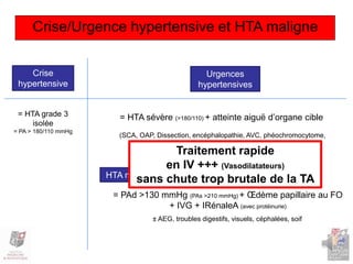 Crise/Urgence hypertensive et HTA maligne
= HTA grade 3
isolée
= PA > 180/110 mmHg
Crise
hypertensive
Urgences
hypertensives
HTA maligne
= HTA sévère (>180/110) + atteinte aiguë d’organe cible
(SCA, OAP, Dissection, encéphalopathie, AVC, phéochromocytome,
toxique, pré-éclampsie, anémie hémolytique, CIVD)
= PAd >130 mmHg (PAs >210 mmHg) + Œdème papillaire au FO
+ IVG + IRénaleA (avec protéinurie)
± AEG, troubles digestifs, visuels, céphalées, soif
Traitement rapide
en IV +++ (Vasodilatateurs)
sans chute trop brutale de la TA
 