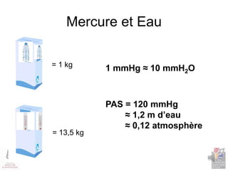 Mercure et Eau
= 1 kg
= 13,5 kg
1 mmHg ≈ 10 mmH2O
PAS = 120 mmHg
≈ 1,2 m d’eau
≈ 0,12 atmosphère
 