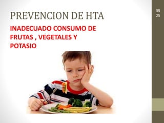 PREVENCION DE HTA
INADECUADO CONSUMO DE
FRUTAS , VEGETALES Y
POTASIO
35
25
 