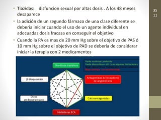 • Tiazidas: disfuncion sexual por altas dosis . A los 48 meses
desaparece
• la adición de un segundo fármaco de una clase diferente se
debería iniciar cuando el uso de un agente individual en
adecuadas dosis fracasa en conseguir el objetivo
• Cuando la PA es mas de 20 mm Hg sobre el objetivo de PAS ó
10 mm Hg sobre el objetivo de PAD se debería de considerar
iniciar la terapia con 2 medicamentos
35
11
 