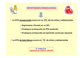 HIPERTENSION ENMASCARADA
              HIPERTENSION ENMASCARADA




La HTA enmascarada ocurre en un 8% de los niños y adolescentes.

         Seguimiento: Persiste en un 38%

         Predispone al desarrollo de HTA sostenida

         Predispone al desarrollo de hipertrofia ventricular izquierda



La HTA de bata blanca ocurre en 1% de niños y adolescentes



                         E. Lurbe et al.
                  Hypertension 2005;45: 493-498
 