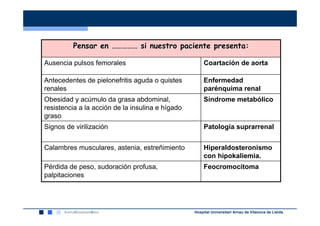 Pensar en …………… si nuestro paciente presenta:

Ausencia pulsos femorales                              Coartación de aorta

Antecedentes de pielonefritis aguda o quistes          Enfermedad
renales                                                parénquima renal
Obesidad y acúmulo da grasa abdominal,                 Síndrome metabólico
resistencia a la acción de la insulina e hígado
graso
Signos de virilización                                 Patología suprarrenal


Calambres musculares, astenia, estreñimiento           Hiperaldosteronismo
                                                       con hipokaliemia.
Pérdida de peso, sudoración profusa,                   Feocromocitoma
palpitaciones




                                                  Hospital Universitari Arnau de Vilanova de Lleida
 