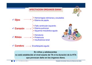 AFECTACION ORGANOS DIANA
               AFECTACION ORGANOS DIANA


                     Hemorragias retinianas y exudados
Ojos                 Edema de papila

                     Fallo ventricular izquierdo
Corazón              Edema pulmonar
                     Isquemia miocárdica aguda

                     Hematuria
Riñón                Proteinuria
                     Insuficiencia renal


Cerebro           Encefalopatía aguda


                    En niños y adolescentes
no está establecido el nivel exacto de TA ni la duración de la HTA
            que provocan daño en los órganos diana.
                                              Hospital Universitari Arnau de Vilanova de Lleida
 
